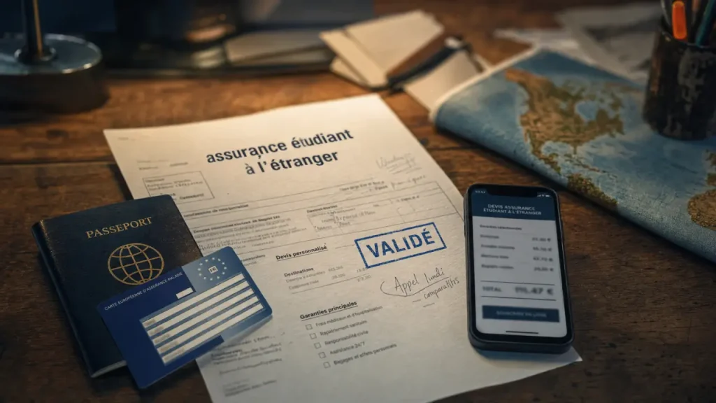 Assurance étudiant à létranger : comparatif, CEAM et contrat d’assurance sur un bureau