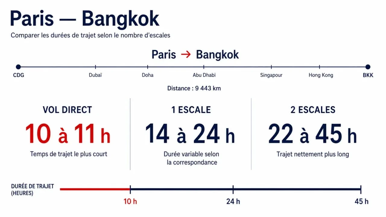 Durée vol Paris Bangkok : comparaison visuelle entre vol direct et vols avec escale