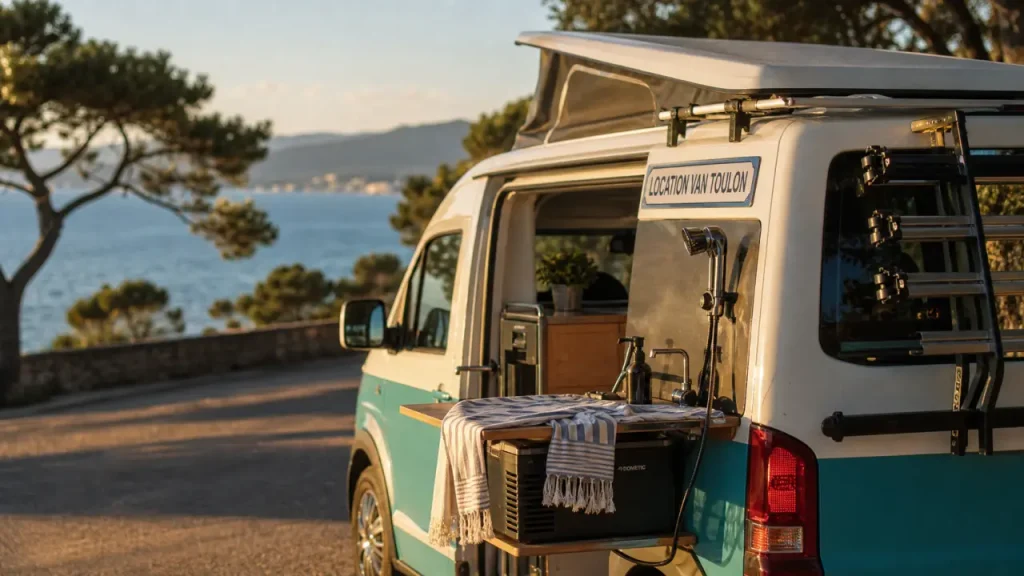 location van aménagé toulon : van blanc turquoise près de la rade