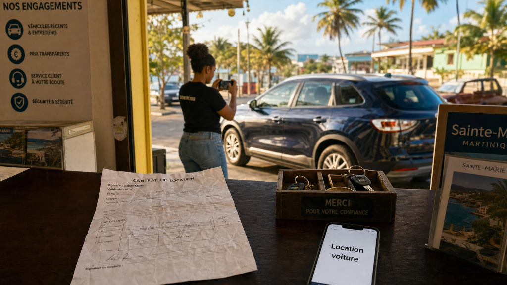 Location voiture sainte-marie martinique : contrat et SUV climatisé devant une agence