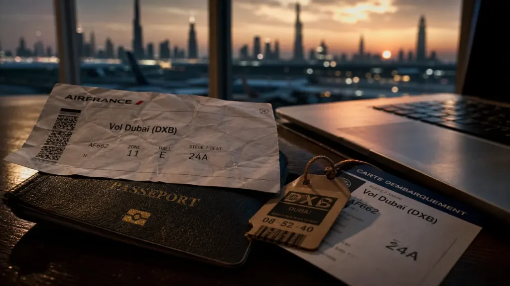 Billet avion Dubaï (DXB) et carte d’embarquement, vol direct