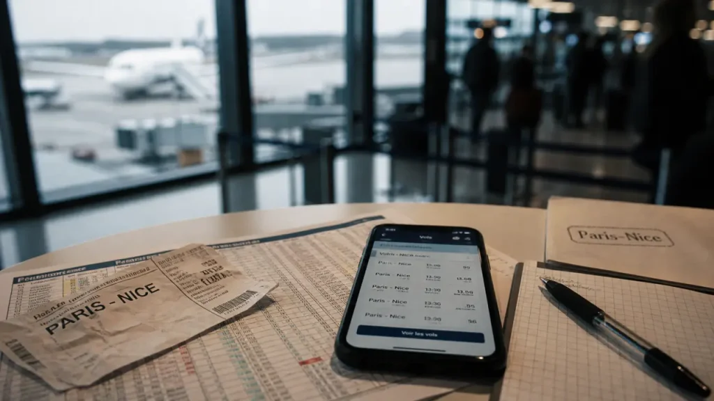Billet avion Paris Nice sur une carte d’horaires, comparaison de vols