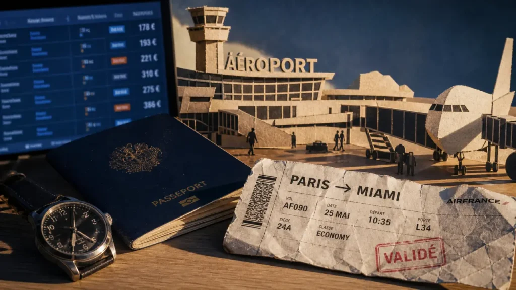 Billet avion pour Miami : vol direct 9h30, carte d’embarquement et passeport