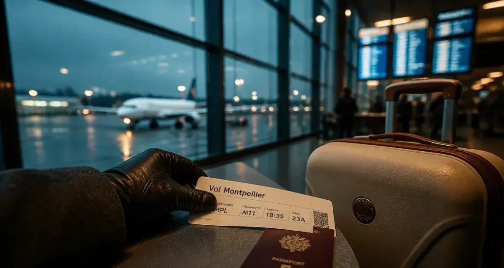 Billet avion pour Montpellier : carte d’embarquement sur table à l’aéroport