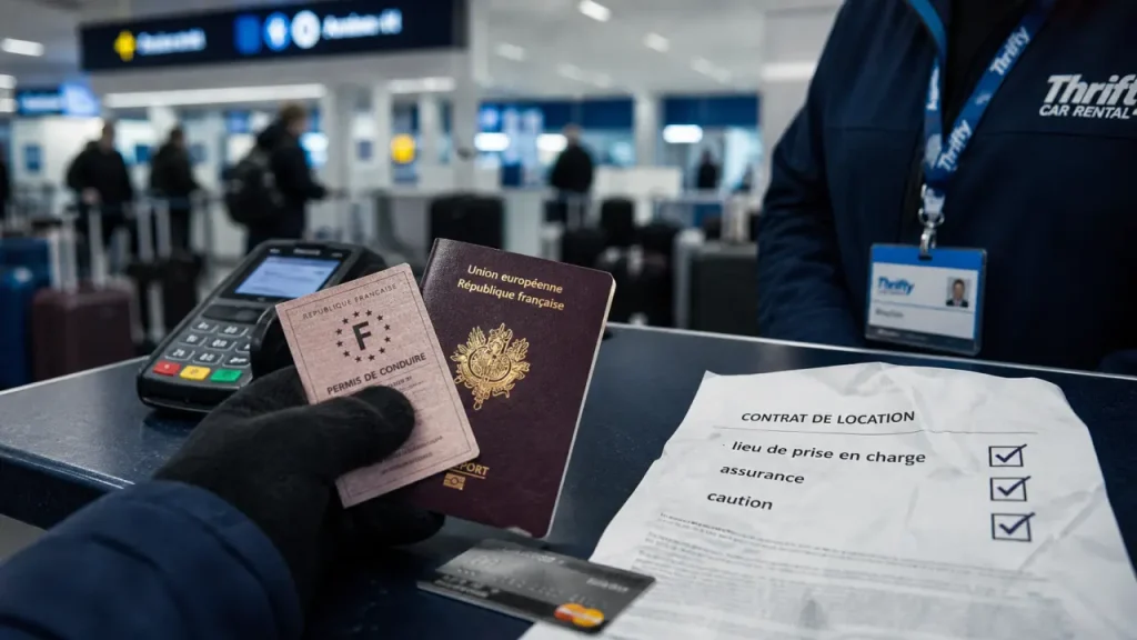 booking location voiture : carte de crédit, caution et passeport au comptoir