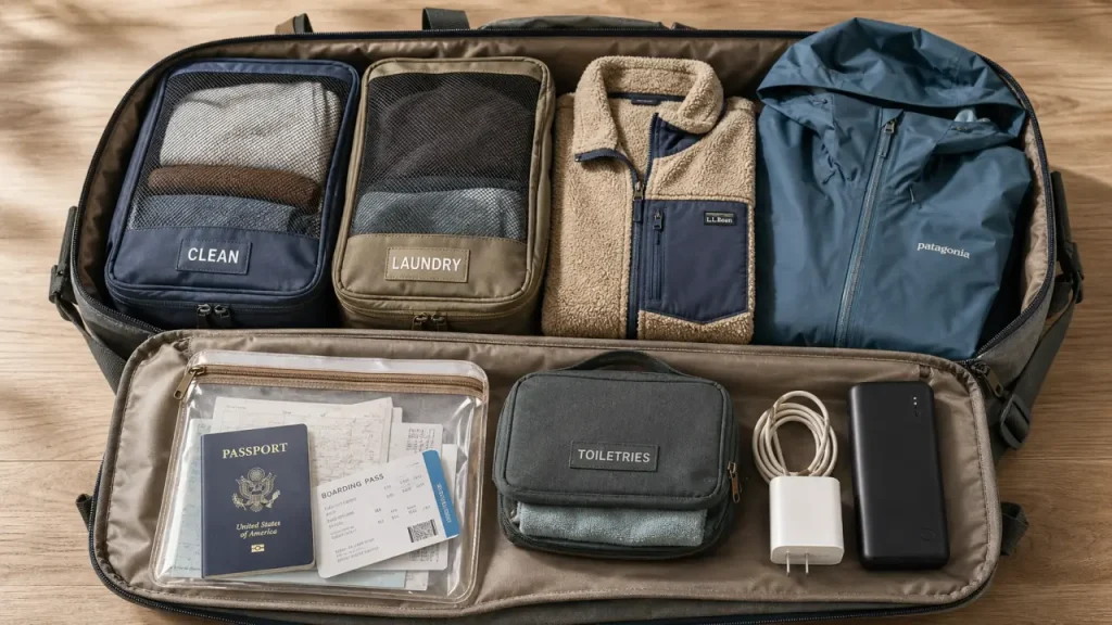 Checklist sac de voyage 40 L pour partir sous 7 kg, essentiels visibles.