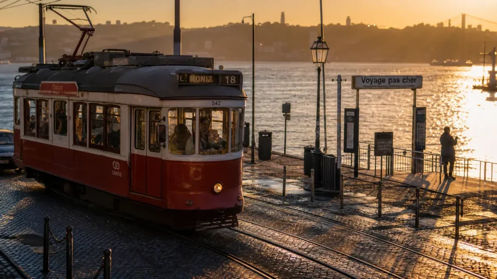 Portugal voyage pas cher : tram rouge sur le ponton d’Alcântara à Lisbonne