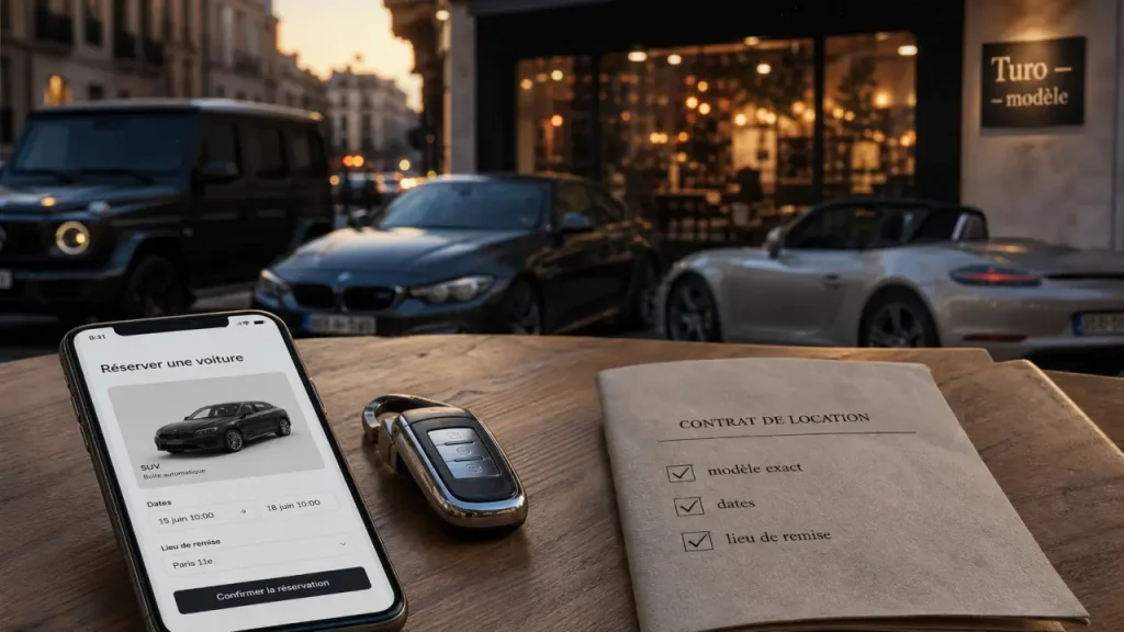 Turo location voiture : modèle exact, réservation sur smartphone et clés