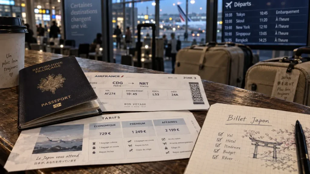 Billet avion pour japon : carte d’embarquement et passeport à l’aéroport
