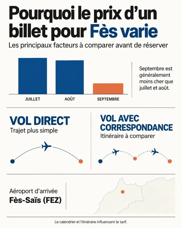 Infographie sur le prix d’un billet avion fes selon la saison et le type de trajet