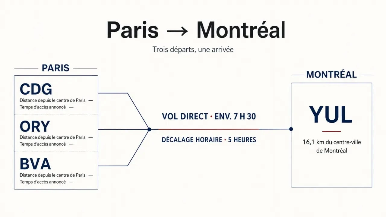 Billet avion Paris Montréal : comparaison visuelle des aéroports CDG, ORY, BVA et YUL