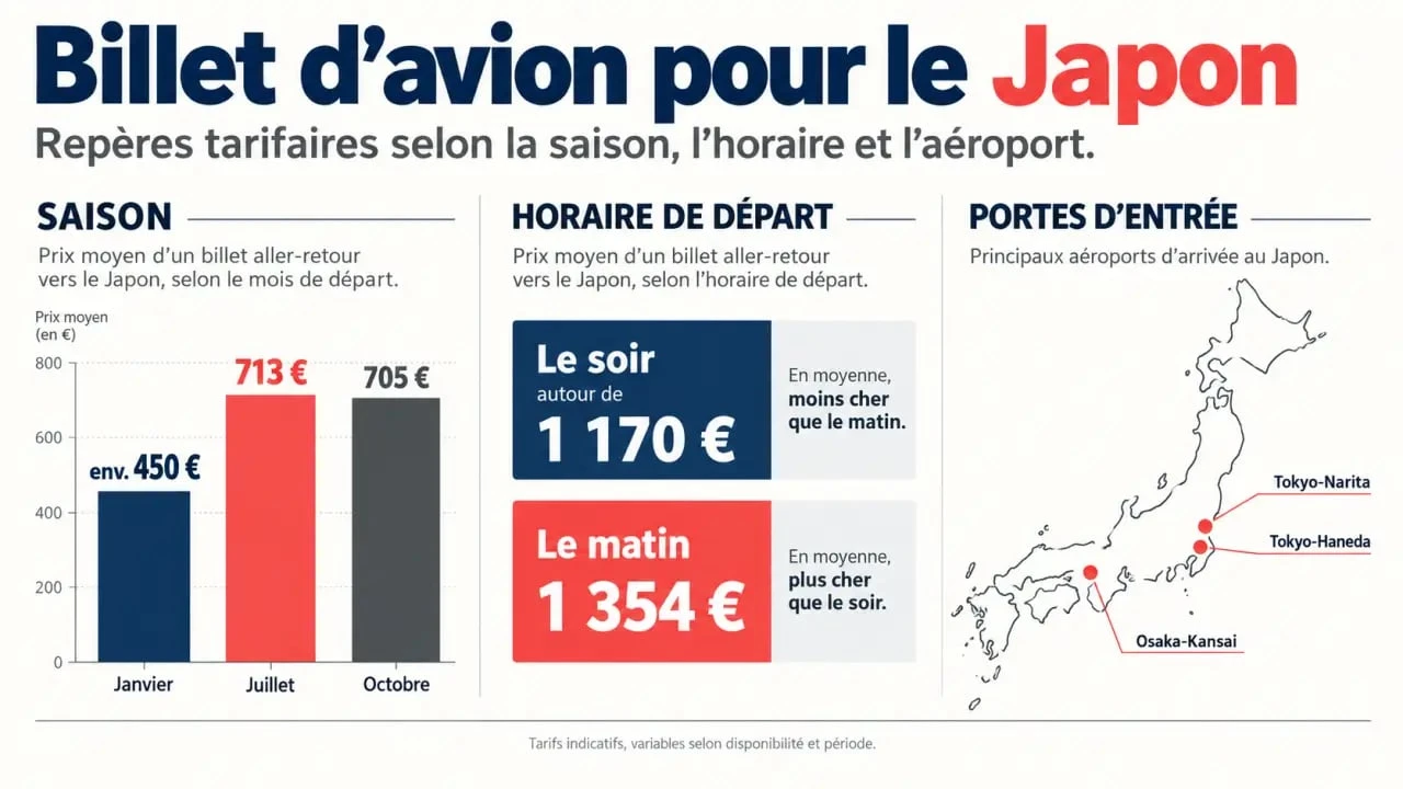 Infographie des prix d’un billet d’avion pour le Japon selon la saison, l’horaire et l’aéroport