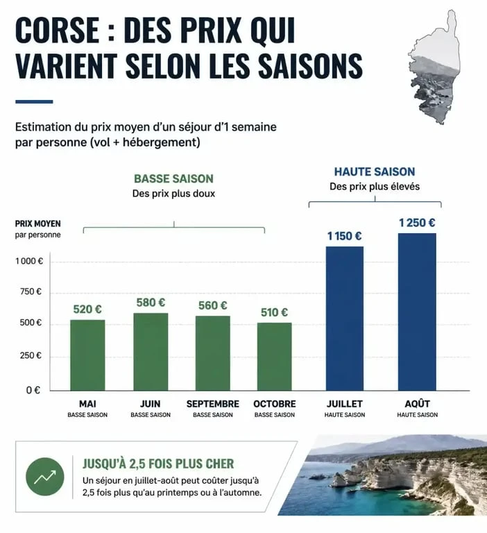 Calendrier des prix pour un voyage pas cher en Corse selon la saisonnalité.