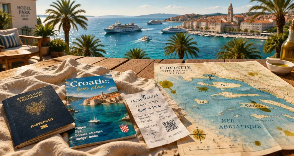 Bon plan vacances Croatie : passeport et reçu ferry à Split, îles et Adriatique turquoise