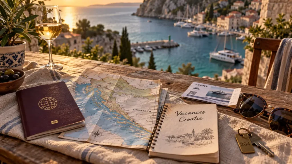 Croatie reservation vacances : passeport et clés près de la mer Adriatique