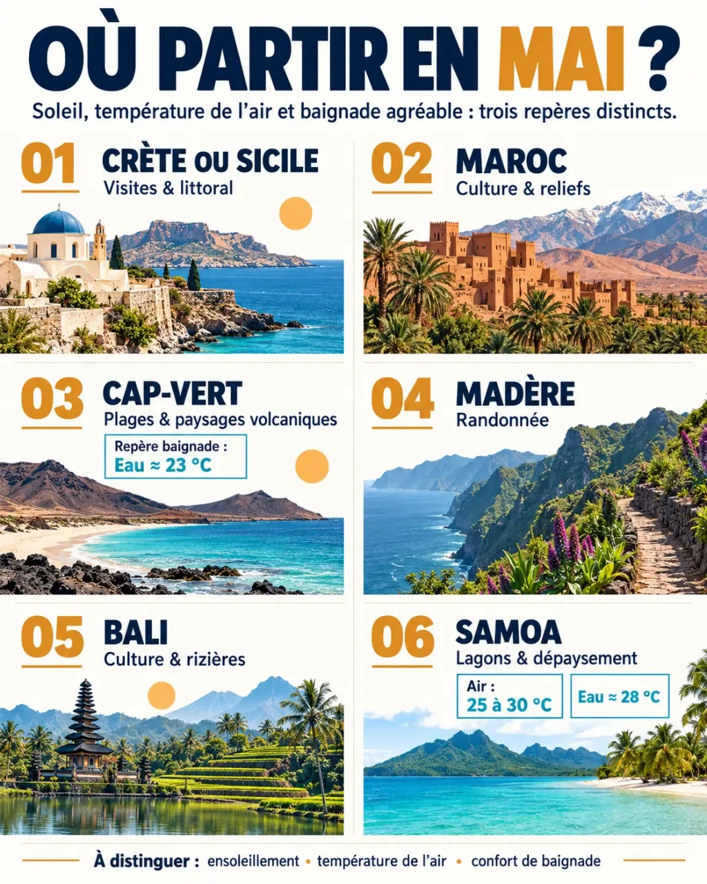 Infographie vacances en mai ou partir : destinations, baignade, randonnée et points de vigilance