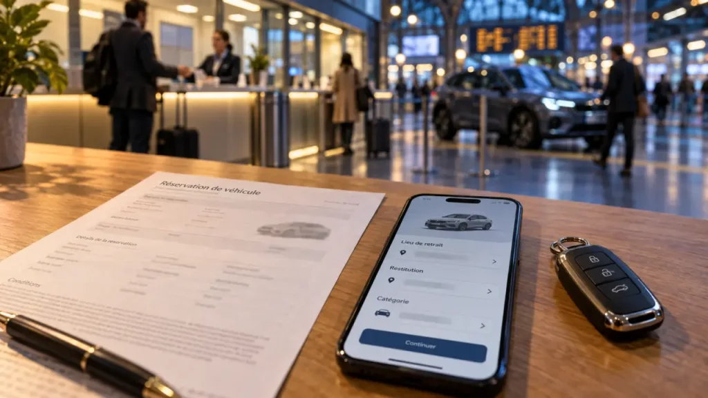 Enterprise location voiture : fiche réservation, clé et smartphone lieu de retrait et restitution