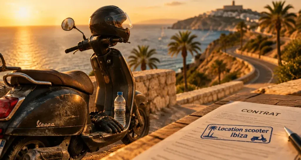 Location scooter a ibiza : scooter au bord de la côte, coucher du soleil