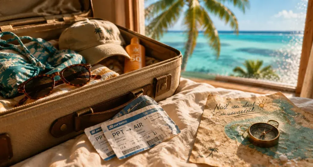 Noël au soleil : valise, crème solaire et lagon turquoise
