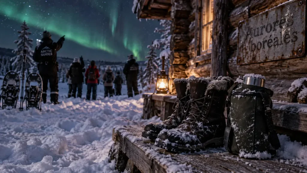 Voyage laponie depuis suisse : bottes neige et guides devant des aurores à Kittilä